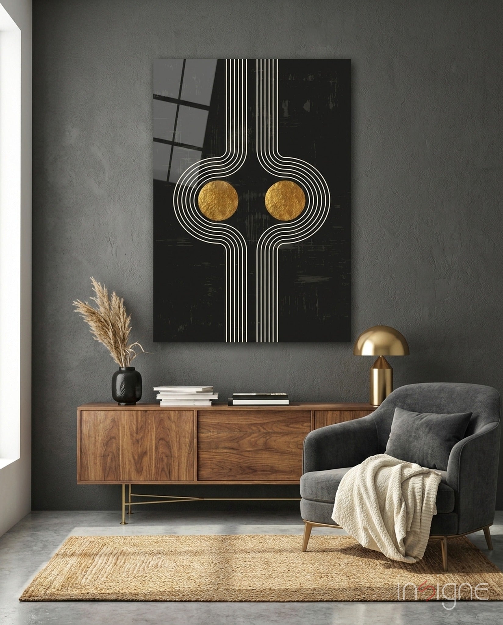 Modern living room with Two Dots Glass Wall Art featuring white lines and gold circles on black background above wooden sideboard.