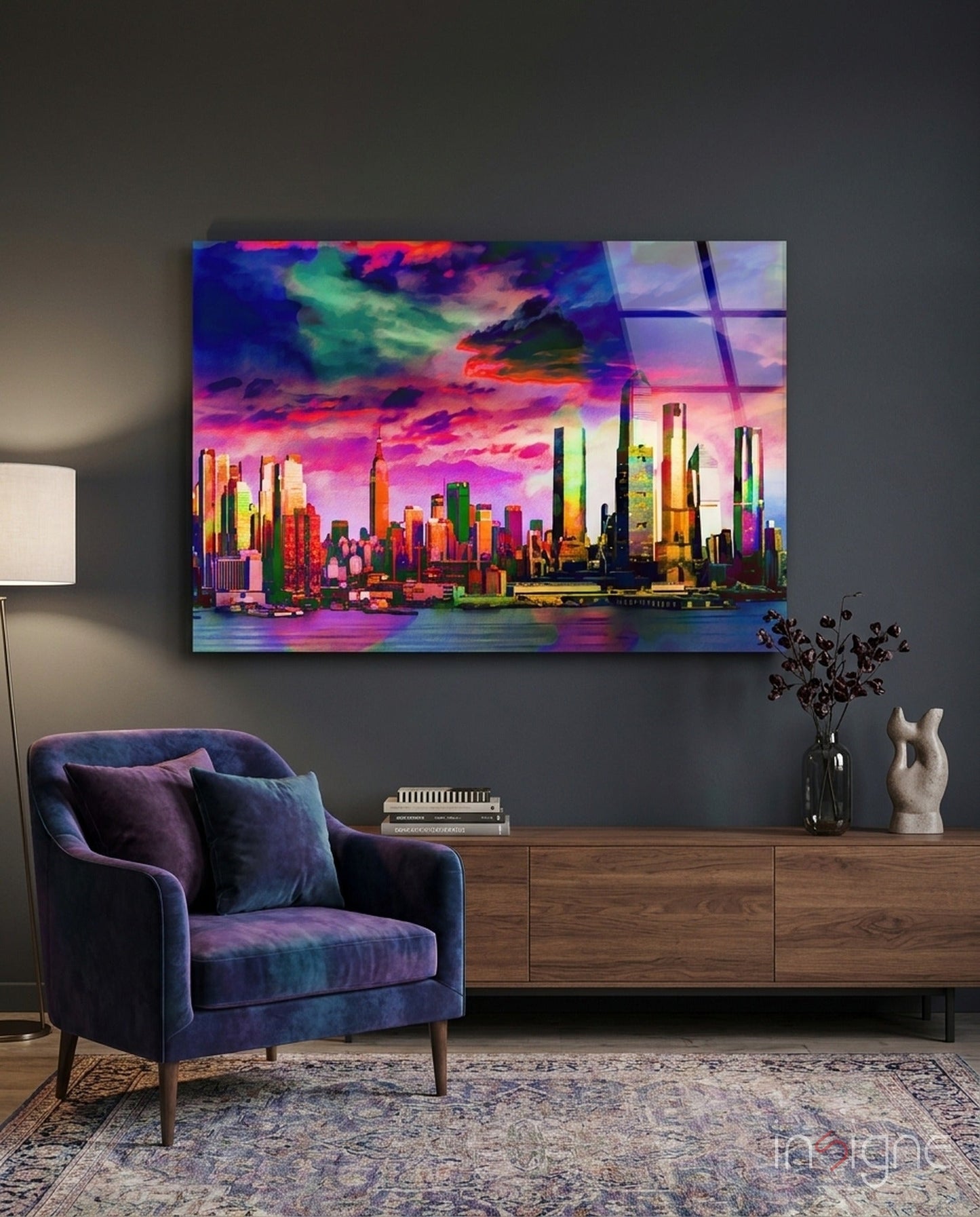 Vibrant neon cityscape glass wall art displayed above wooden furniture in modern living room setting.