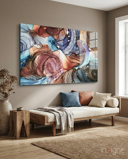 Swirled Copper And Blue Ink Marble Glass Wall Art