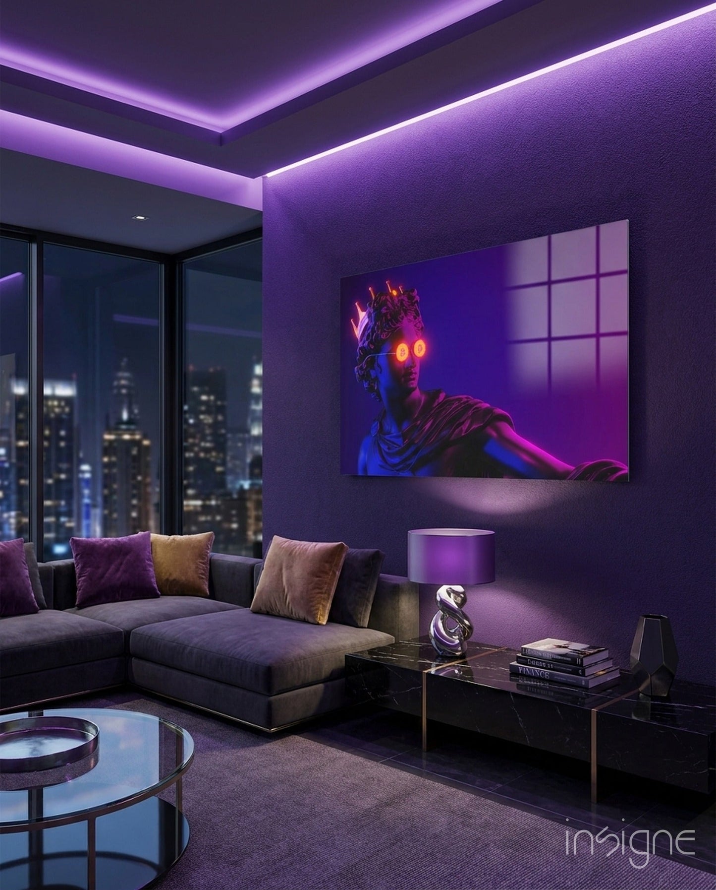 Modern living room with purple ambient lighting, black sectional sofa, glass coffee table, and white sculptural statue on dark console table.