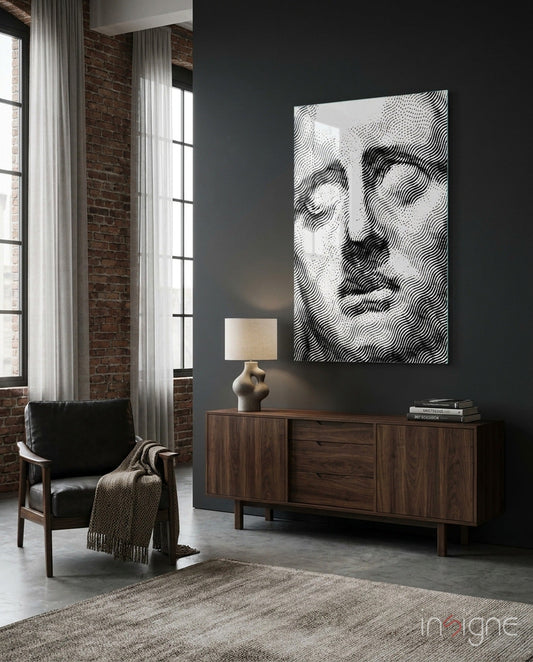 Black and white wavy-line portrait artwork displayed on dark gray wall above wooden sideboard in modern loft interior.