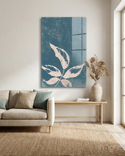 Blue Cyanotype Leaf Silhouette Glass Wall Art