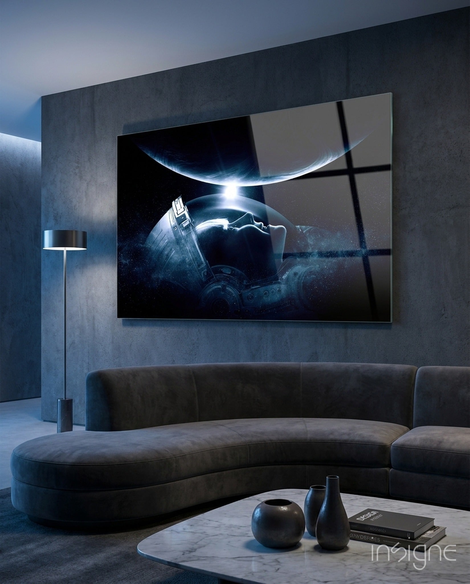 Large wall-mounted display showing astronaut in space suit with glowing planetary bodies and lightning, displayed above curved gray sofa in modern interior.