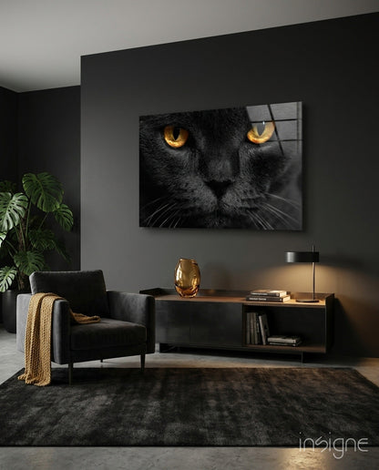 Golden Eyed Black Cat Glass Wall Art