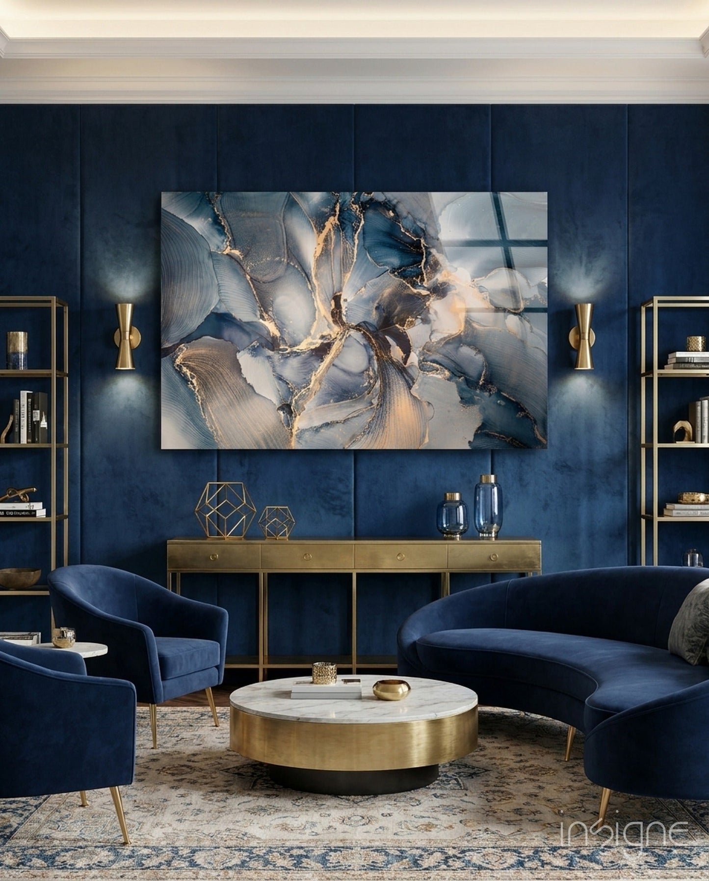 Navy Blue And Gold Veined Marble Glass Wall Art