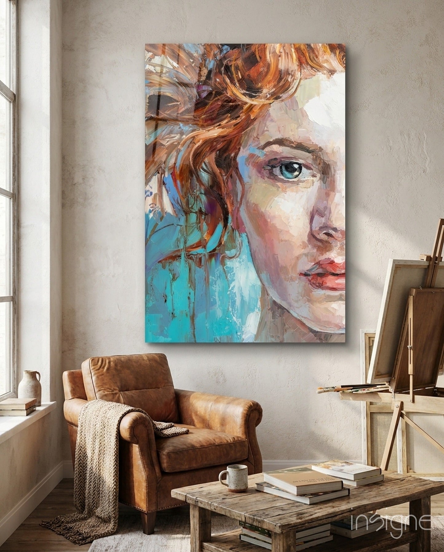 Turquoise Palette Knife Woman Portrait Glass Wall Art