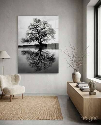 Bare Tree Lake Reflection Black White Glass Wall Art