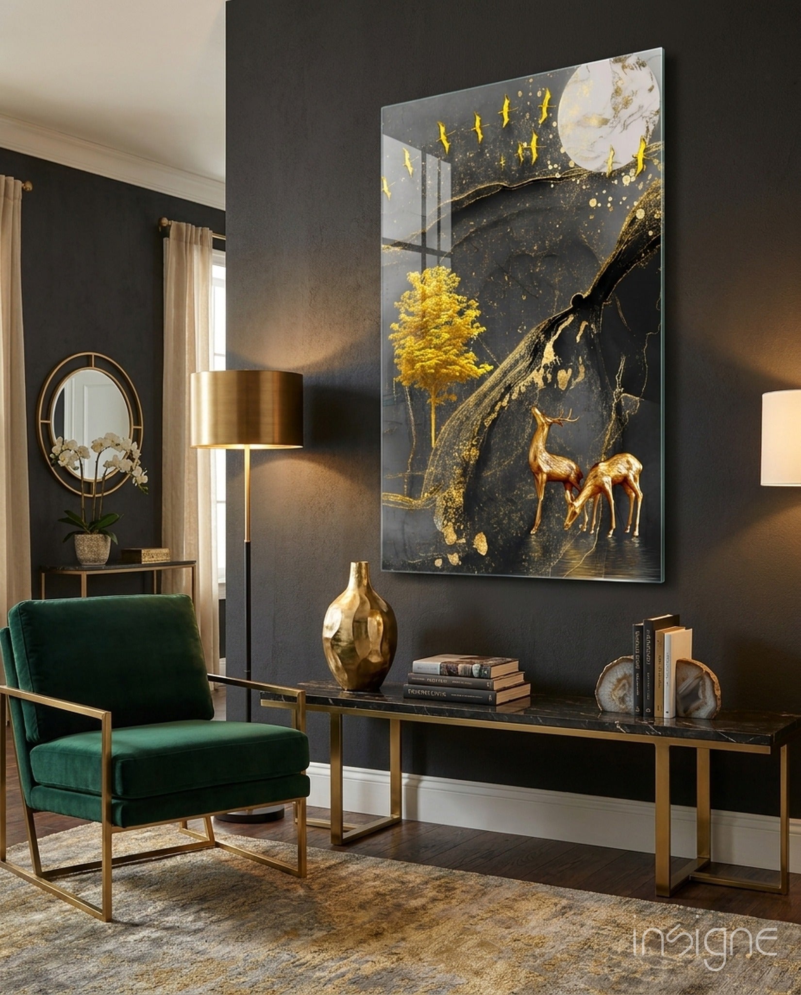 Golden tree and gazelles glass wall art displaying dark background with gold accents, mounted above black console table in modern living room setting.