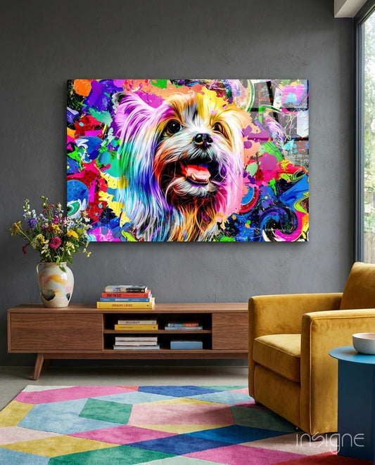 Colorful pop art glass wall art of a smiling dog displayed above a wooden TV console in a modern living room setting.