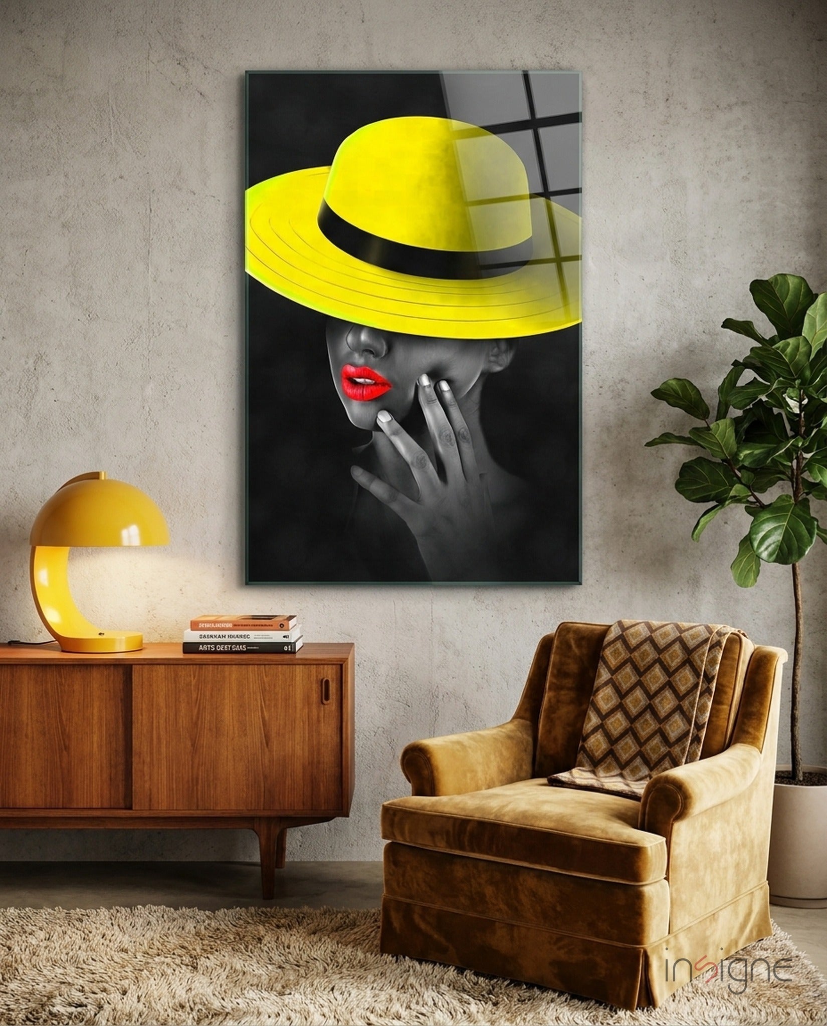 Yellow Hat Glass Wall Art displayed on concrete wall above wooden cabinet in mid-century modern living room setting.