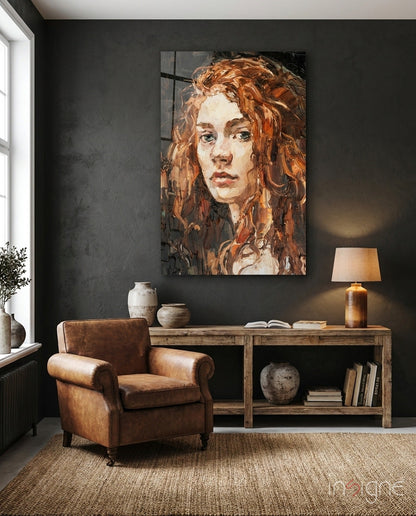 Copper Curls Woman Oil Portrait Glass Wall Art