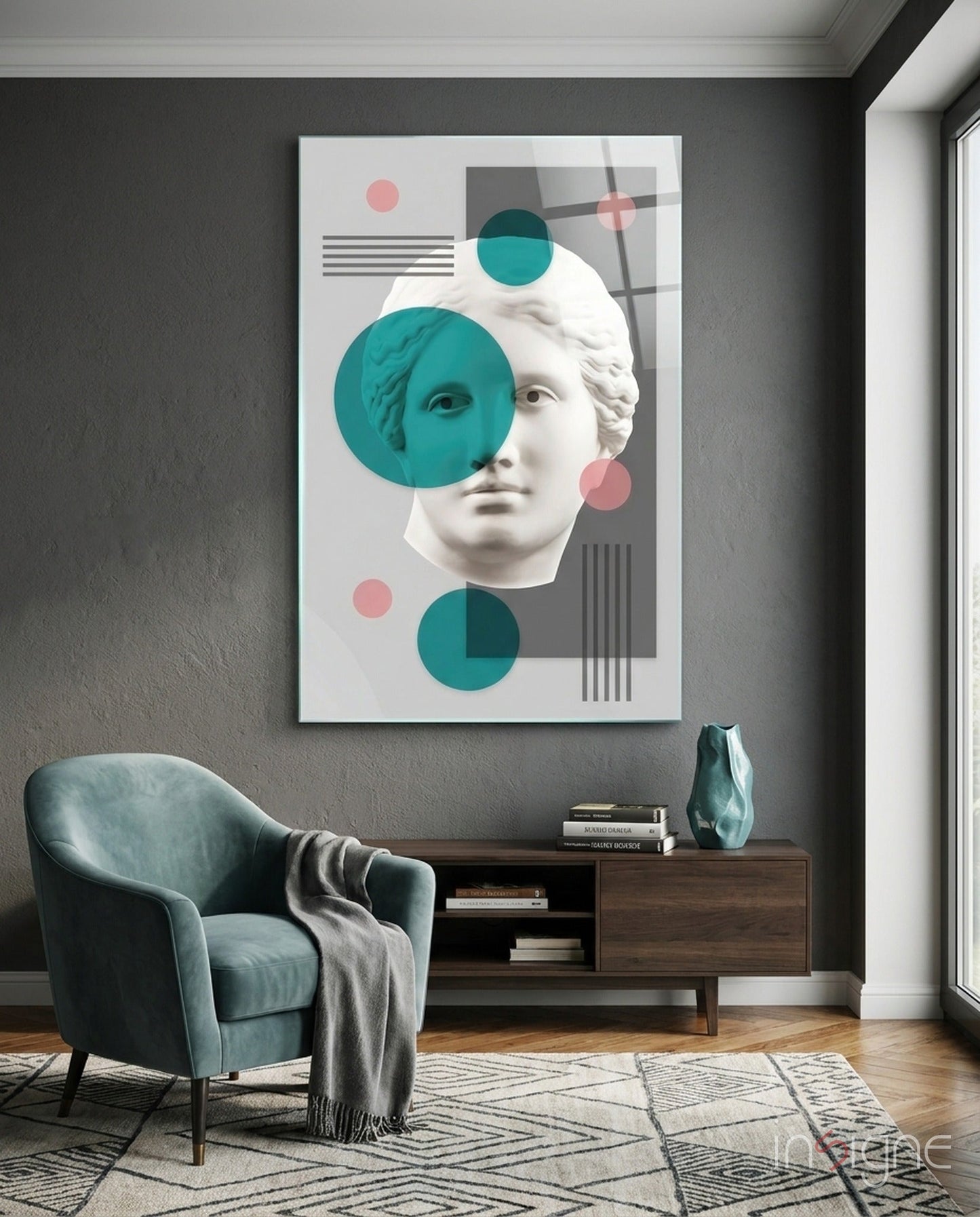 Teal Circles Venus Bust Collage Glass Wall Art