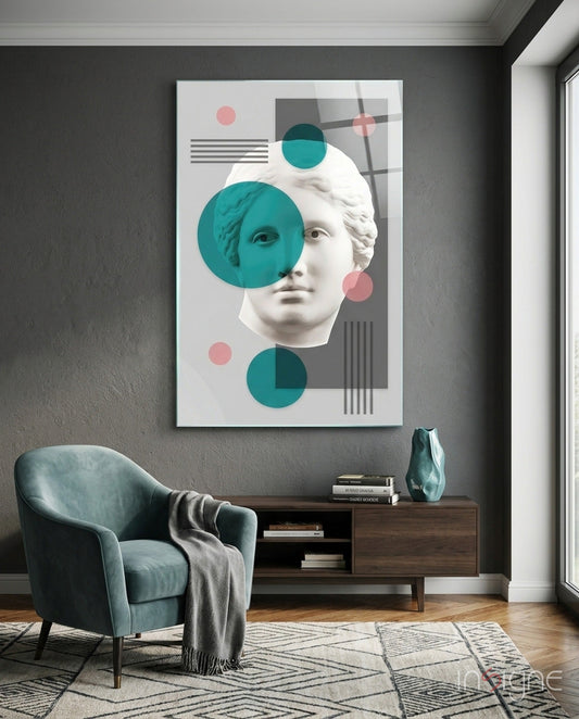 Modern living room with teal and pink abstract collage artwork displaying white classical bust on dark gray wall above midcentury furniture.