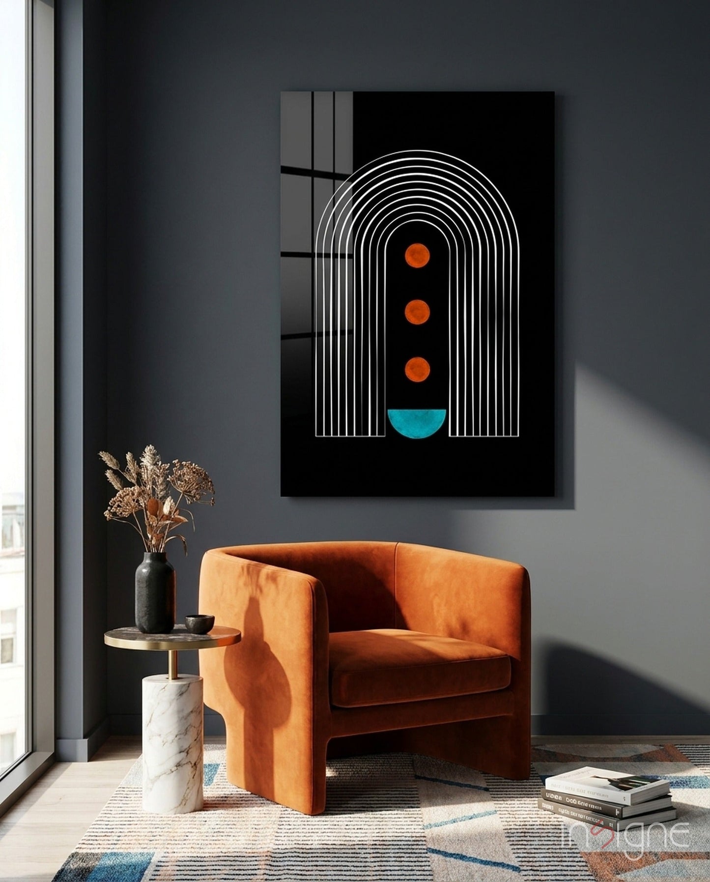 White Arch Lines Orange Dots Teal Glass Wall Art