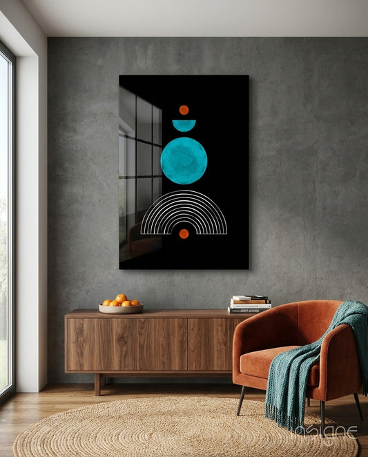Modern living room interior featuring "Dot Under the Rainbow" glass wall art displaying cyan circle, turquoise semicircle, white concentric arcs, and orange dots on black background.