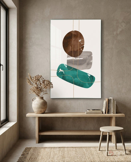 Brown Circle And Teal Capsule Forms Glass Wall Art