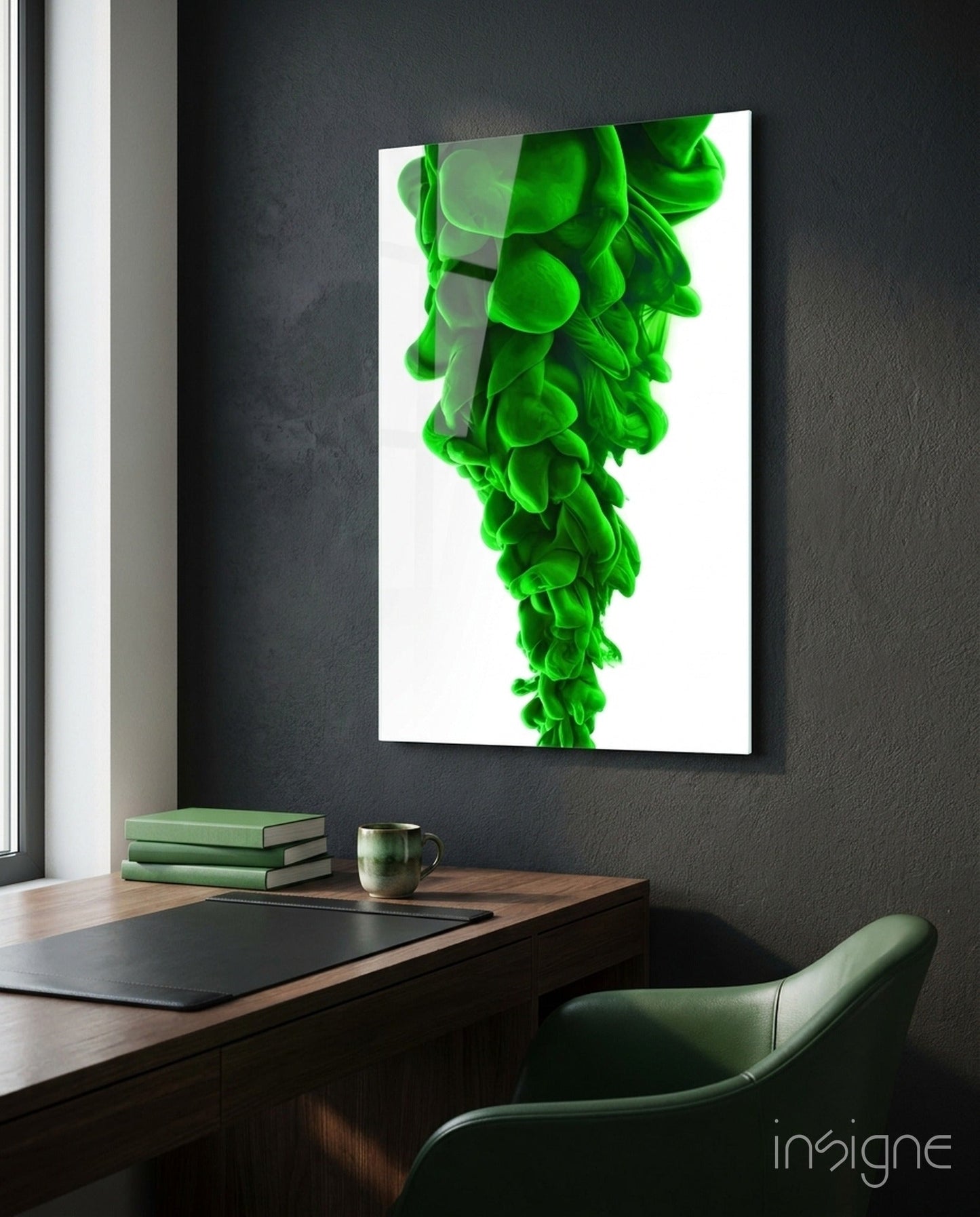 Green Layers Glass Wall Art displayed above a wooden desk with green books and mug in a modern office setting.