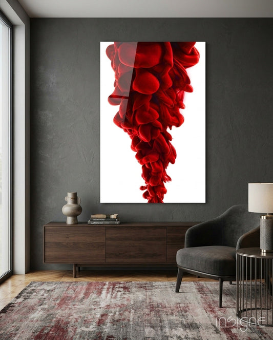 Red Layers Glass Wall Art displayed on dark gray wall above wooden dresser in modern living room interior.