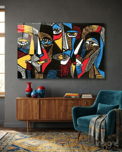 Cubist Faces Red Blue Yellow on Black Glass Wall Art