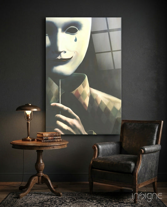 Glass wall art depicting a pale masked figure in a checkered shirt with a single tear, displayed above a wooden table and leather chair in a dark interior setting.