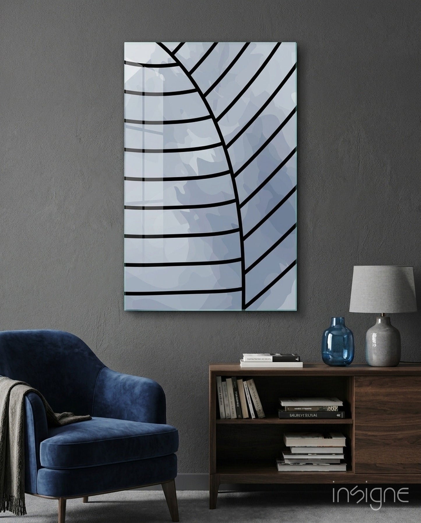 Gray Blue Minimalist Leaf Vein Lines Glass Wall Art