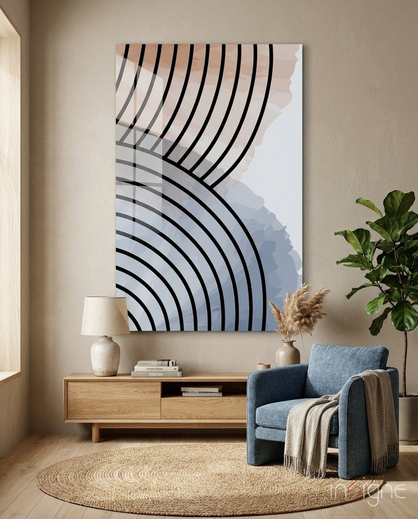 Modern living room interior with Lines of Waves Glass Wall Art displaying black curved lines on beige and blue tones above wooden console table.