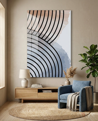 Modern living room interior with Lines of Waves Glass Wall Art displaying black curved lines on beige and blue tones above wooden console table.