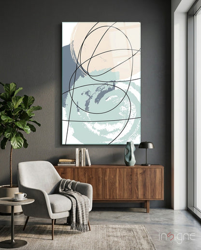 Teal and Beige Brush Circle Lines Glass Wall Art