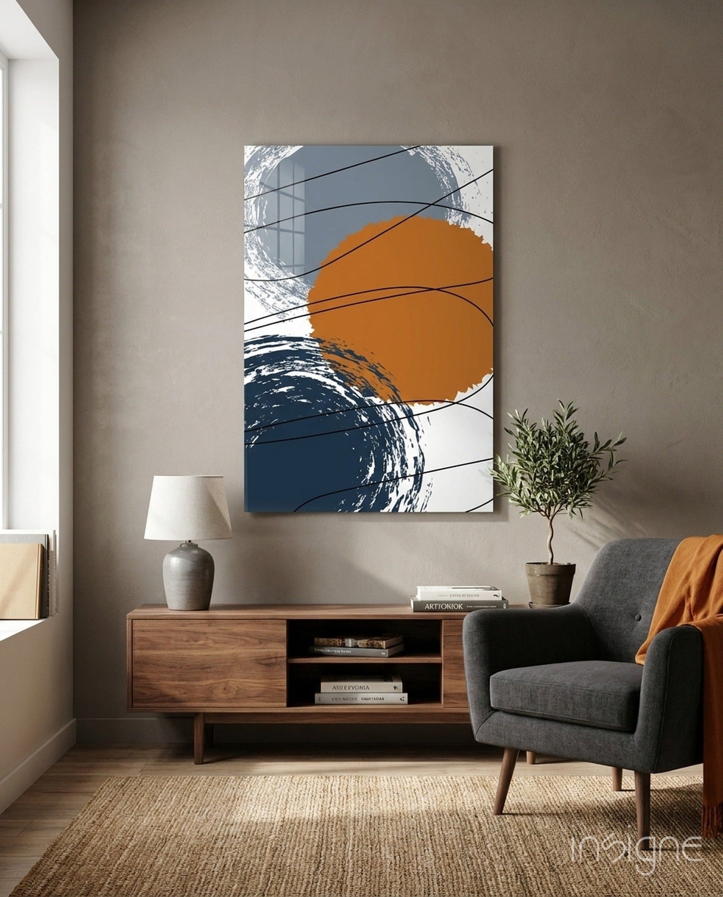 Orange Circle Navy Brush Rings Glass Wall Art