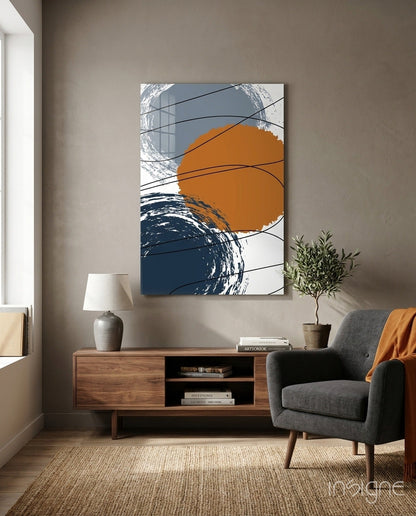 Orange Circle Navy Brush Rings Glass Wall Art