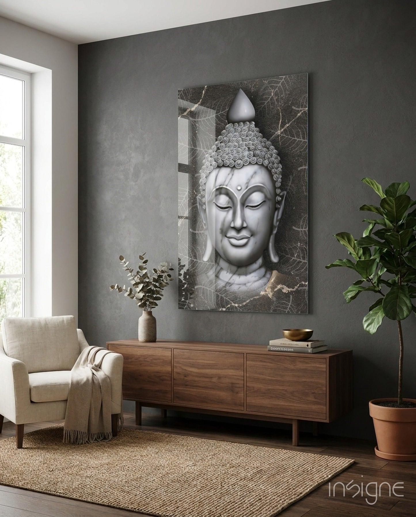 Silver Marble Buddha Head Glass Wall Art