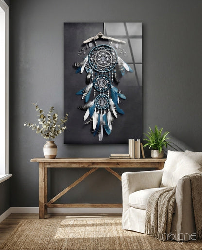 Triple Blue Feather Dreamcatcher Glass Wall Art