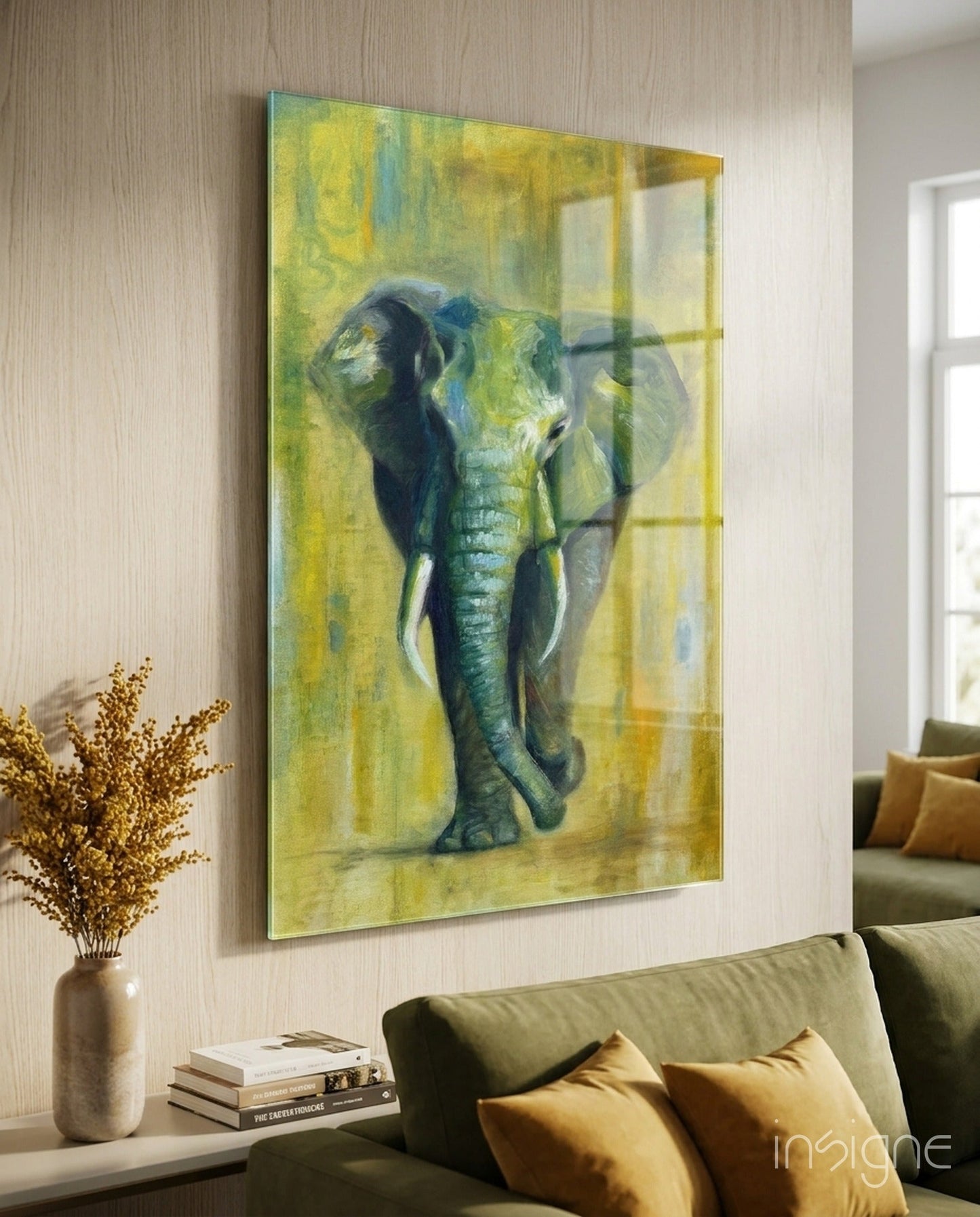 Green Oil Painting Walking Elephant Glass Wall Art