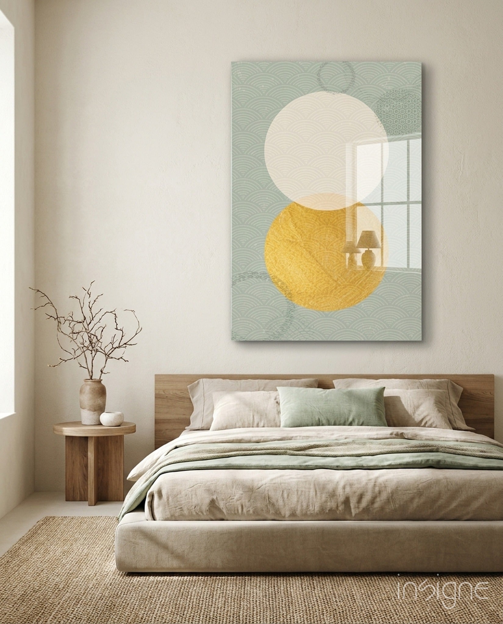 Sun and Moon Glass Wall Art displayed above wooden bed in serene bedroom with cream bedding and natural wood nightstand.