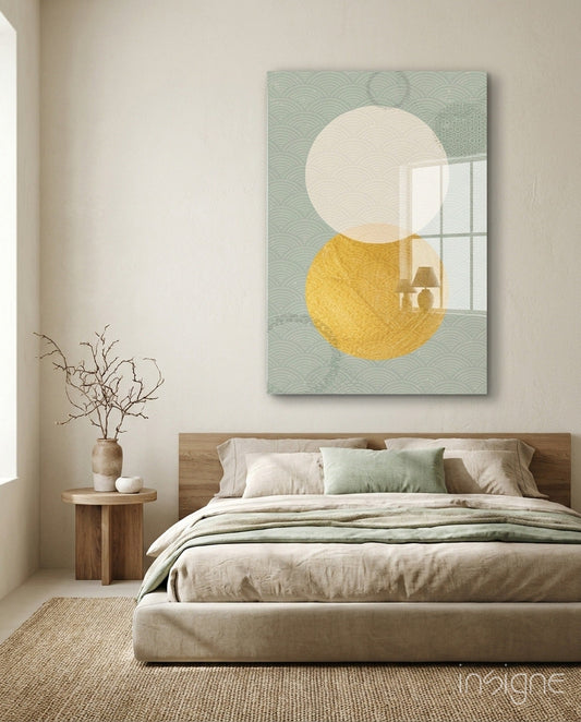Sun and Moon Glass Wall Art displayed above wooden bed in serene bedroom with cream bedding and natural wood nightstand.