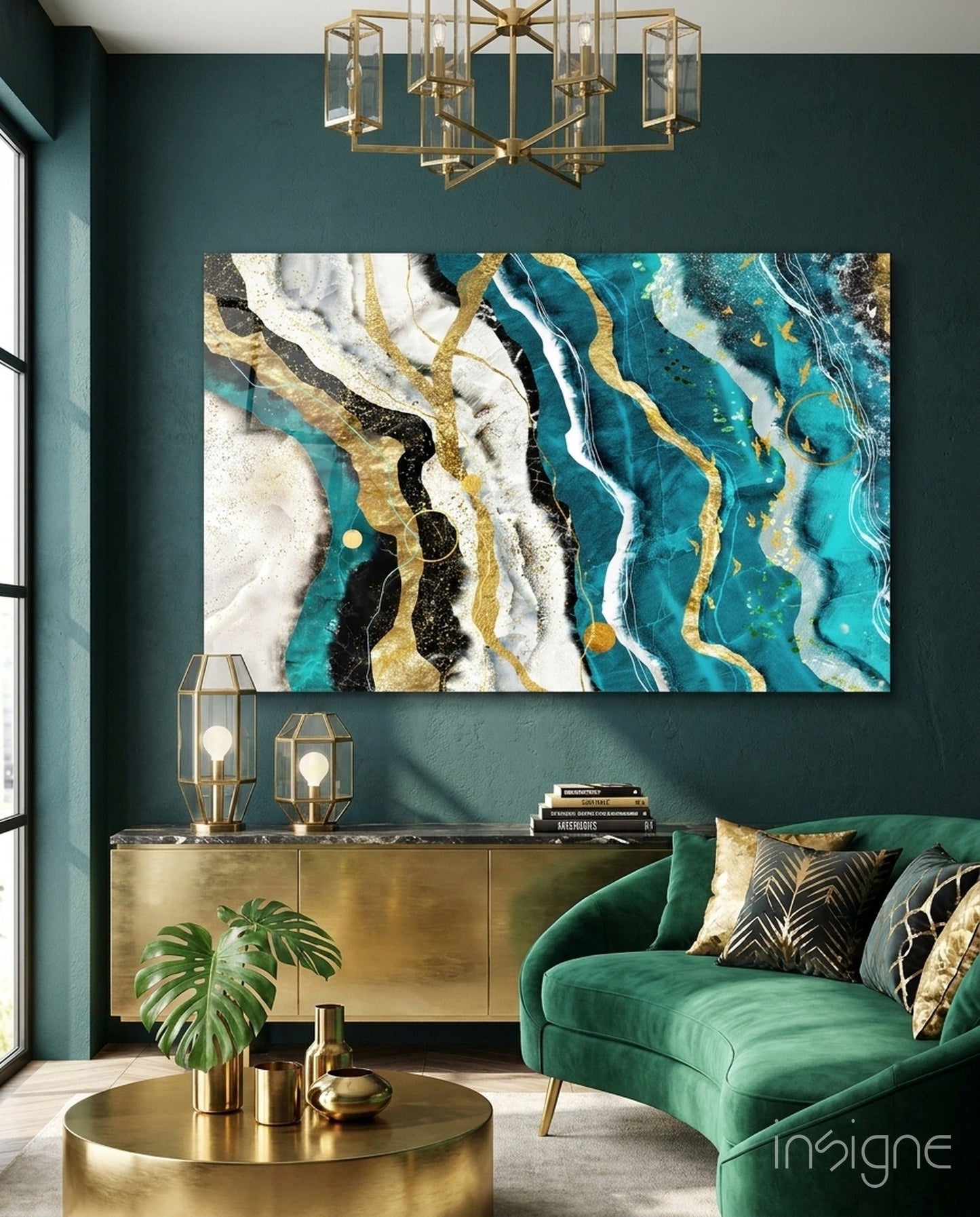 Marble Waves Glass Wall Art displaying turquoise, white, black, and gold abstract patterns hung in modern living room interior.