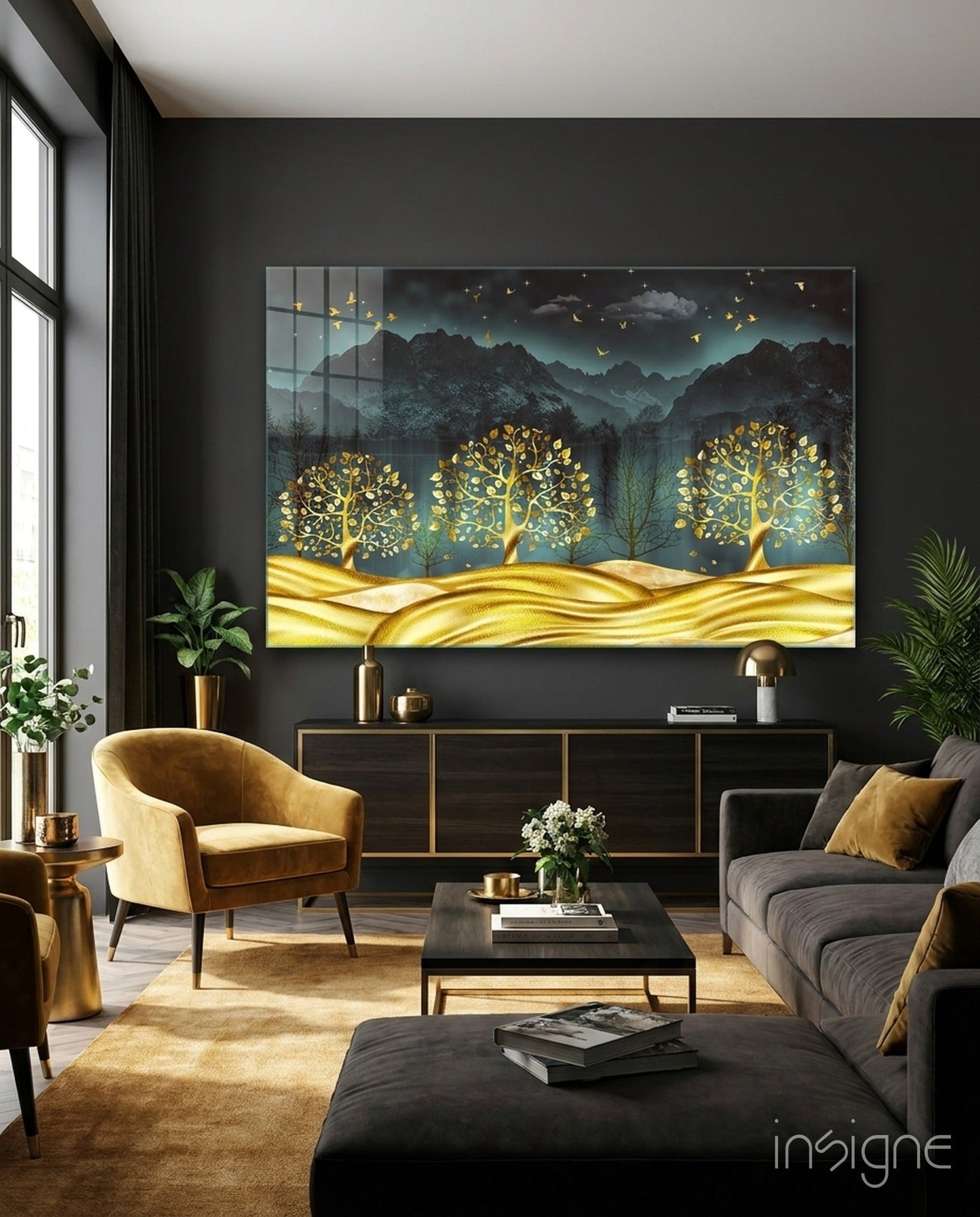 Golden Forest Glass Wall Art mounted above dark media console in modern living room with gold accents and dark walls.