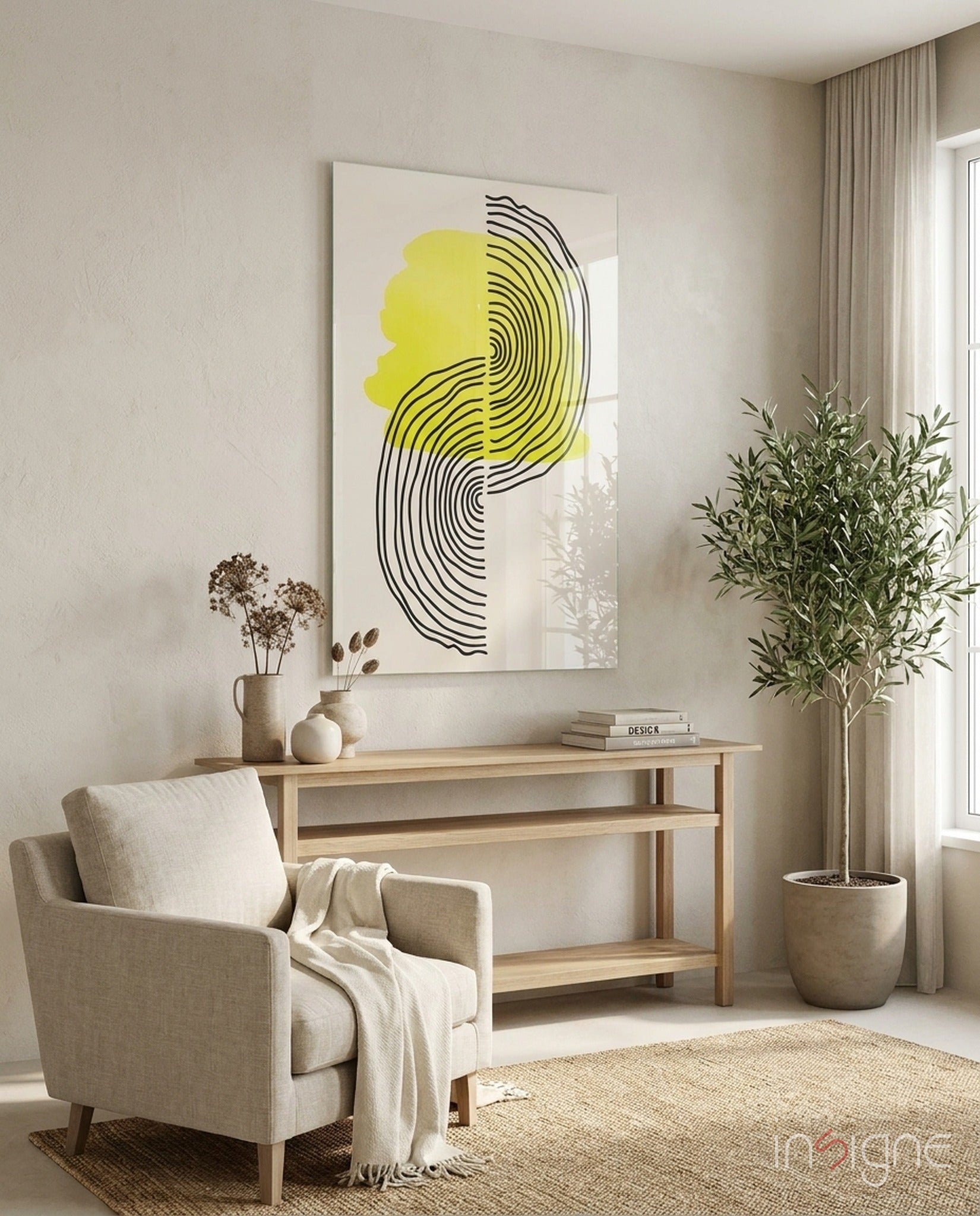 Abstract Sun Glass Wall Art with yellow circular form and black concentric lines displayed above wooden console table in modern living room.