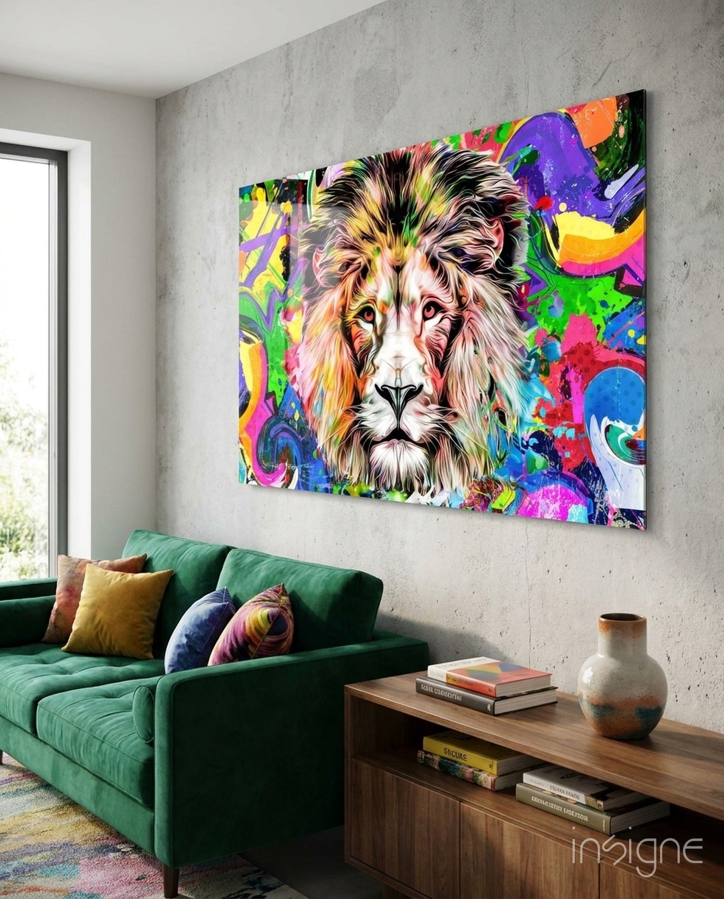 Vibrant multicolored lion head glass wall art displayed above a green sofa in a modern living room setting.