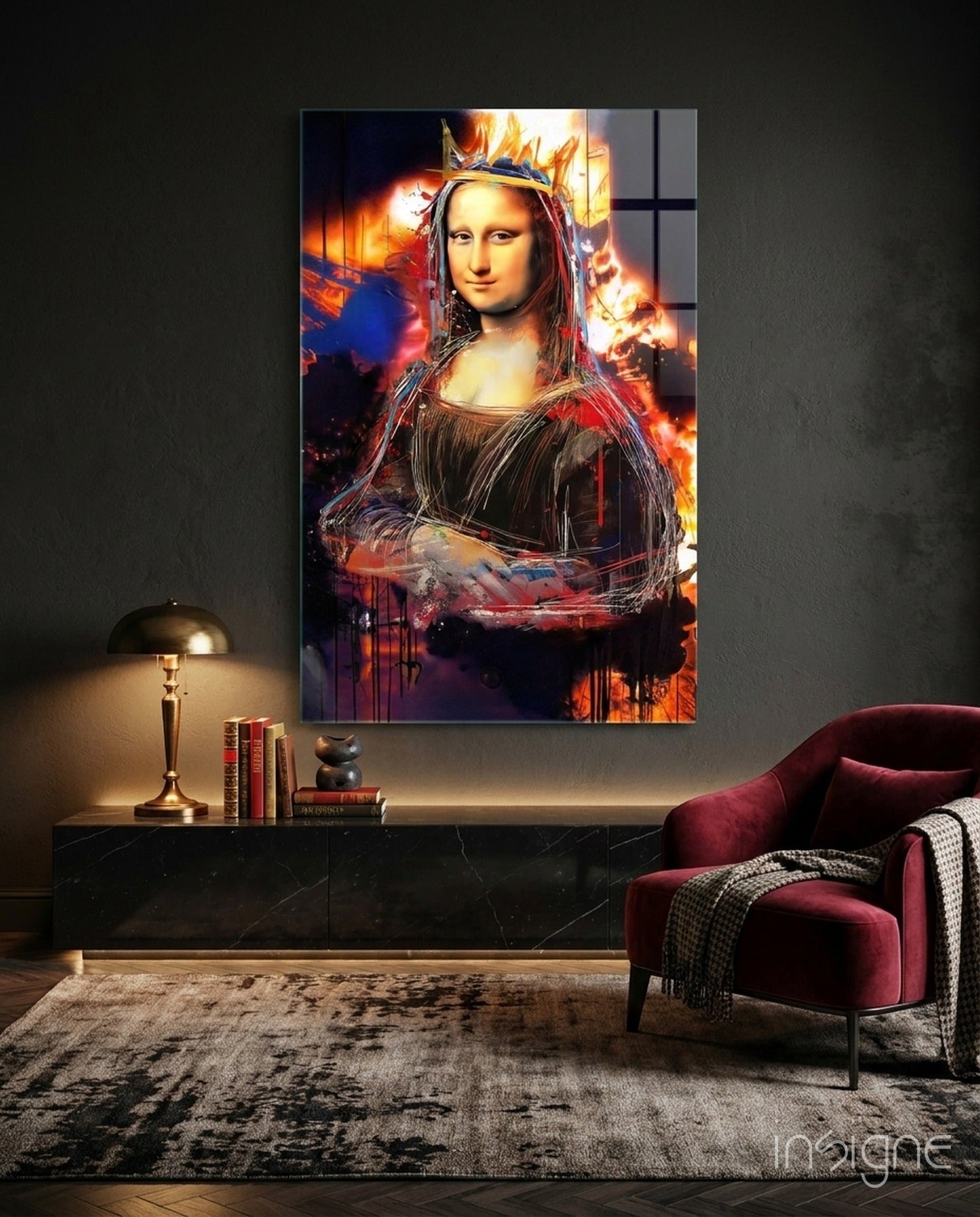 Queen Mona Lisa Glass Wall Art displayed above black cabinet in modern living room with burgundy chair and brass lamp.