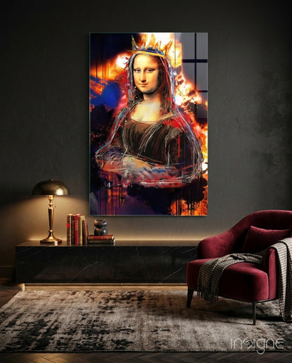 Queen Mona Lisa Glass Wall Art displayed above black cabinet in modern living room with burgundy chair and brass lamp.