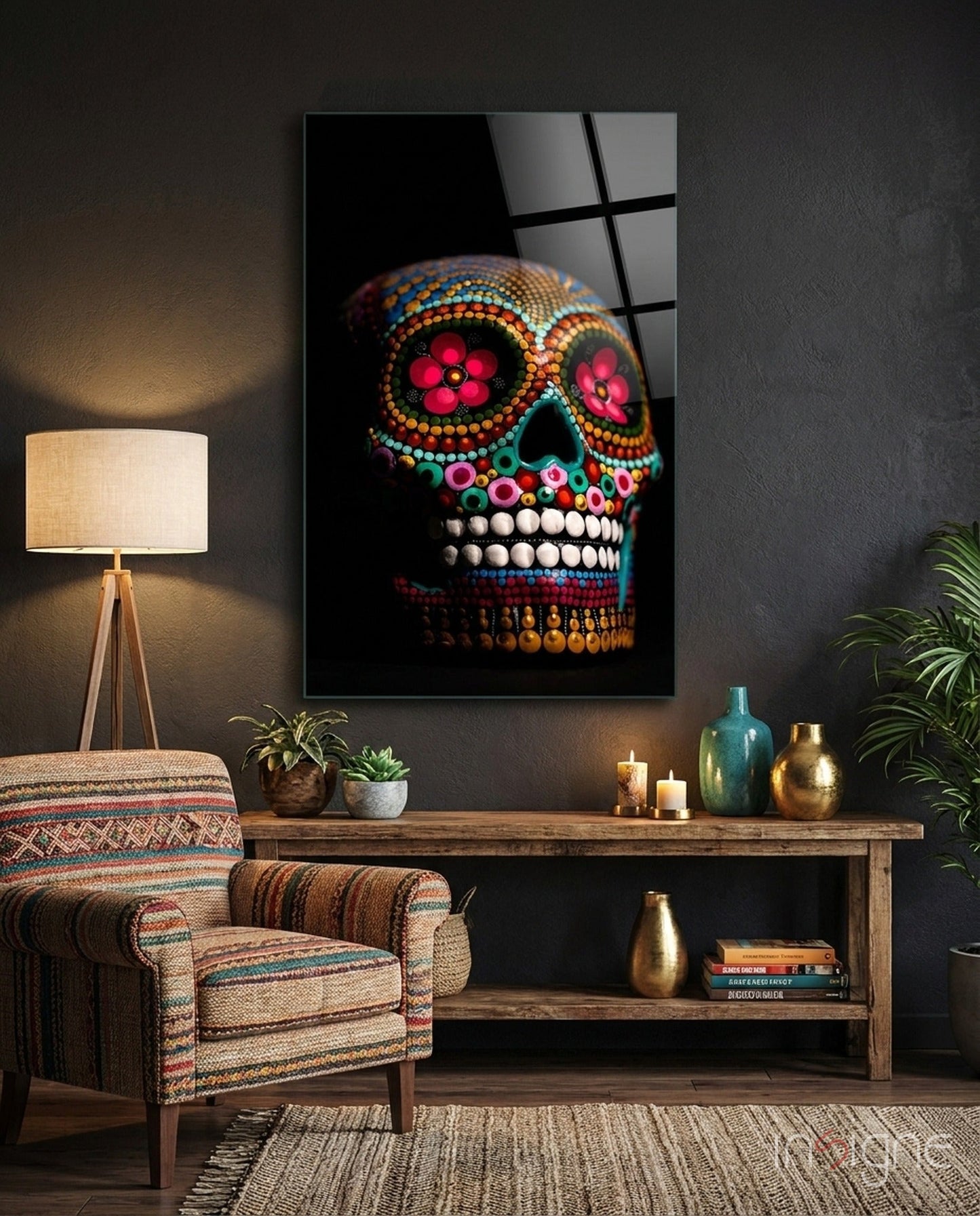 Rainbow Beaded Floral Sugar Skull Glass Wall Art