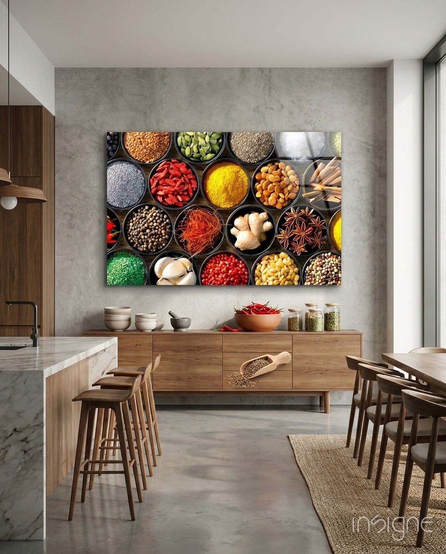 Grid Of Bowls Rainbow Spices Glass Wall Art