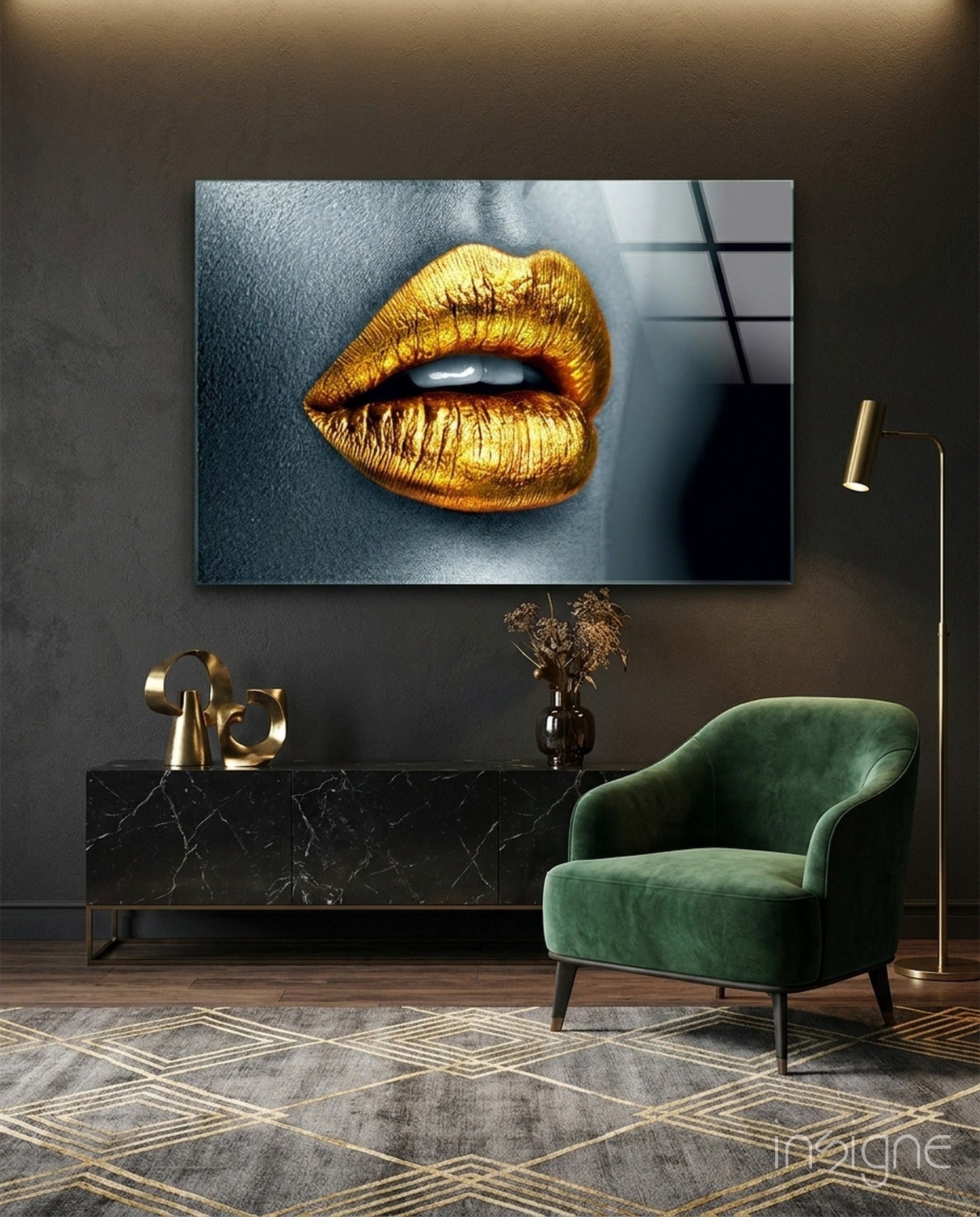 Golden Lips Glass Wall Art displayed above a black marble console in a modern interior with green chair and geometric rug.
