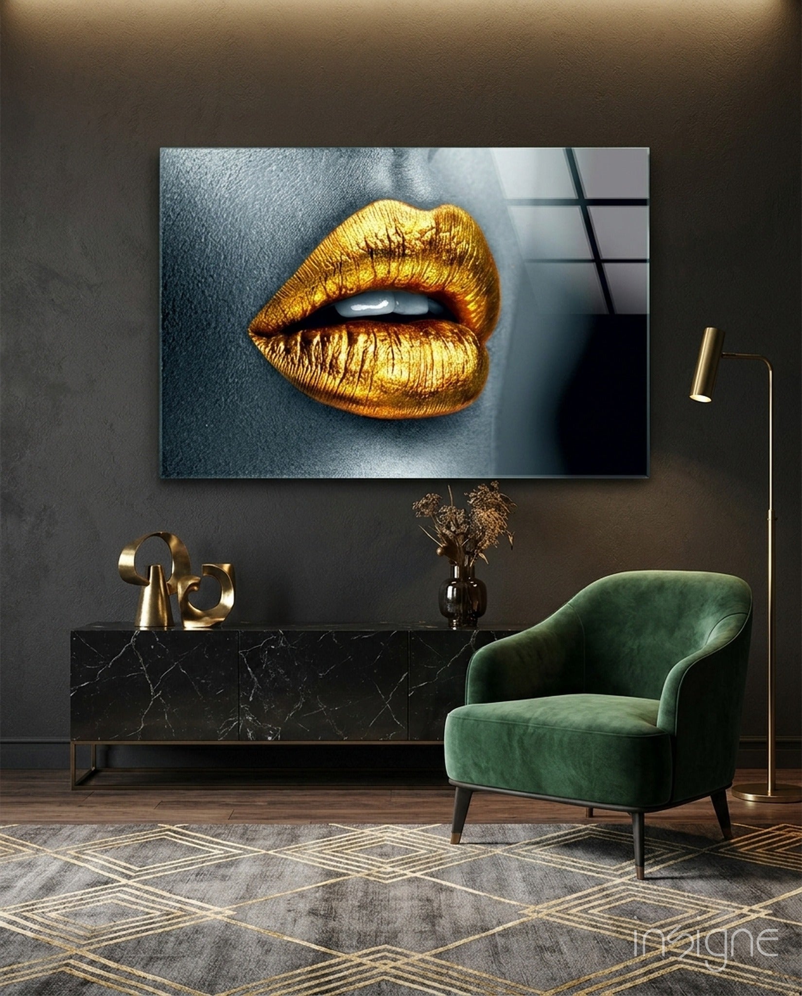 Golden Lips Glass Wall Art displayed above a black marble console in a modern interior with green chair and geometric rug.
