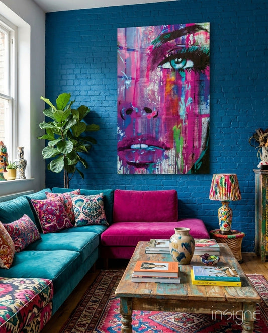 Vibrant pop art portrait with cyan eye and magenta face displayed on teal brick wall above colorful living room seating.