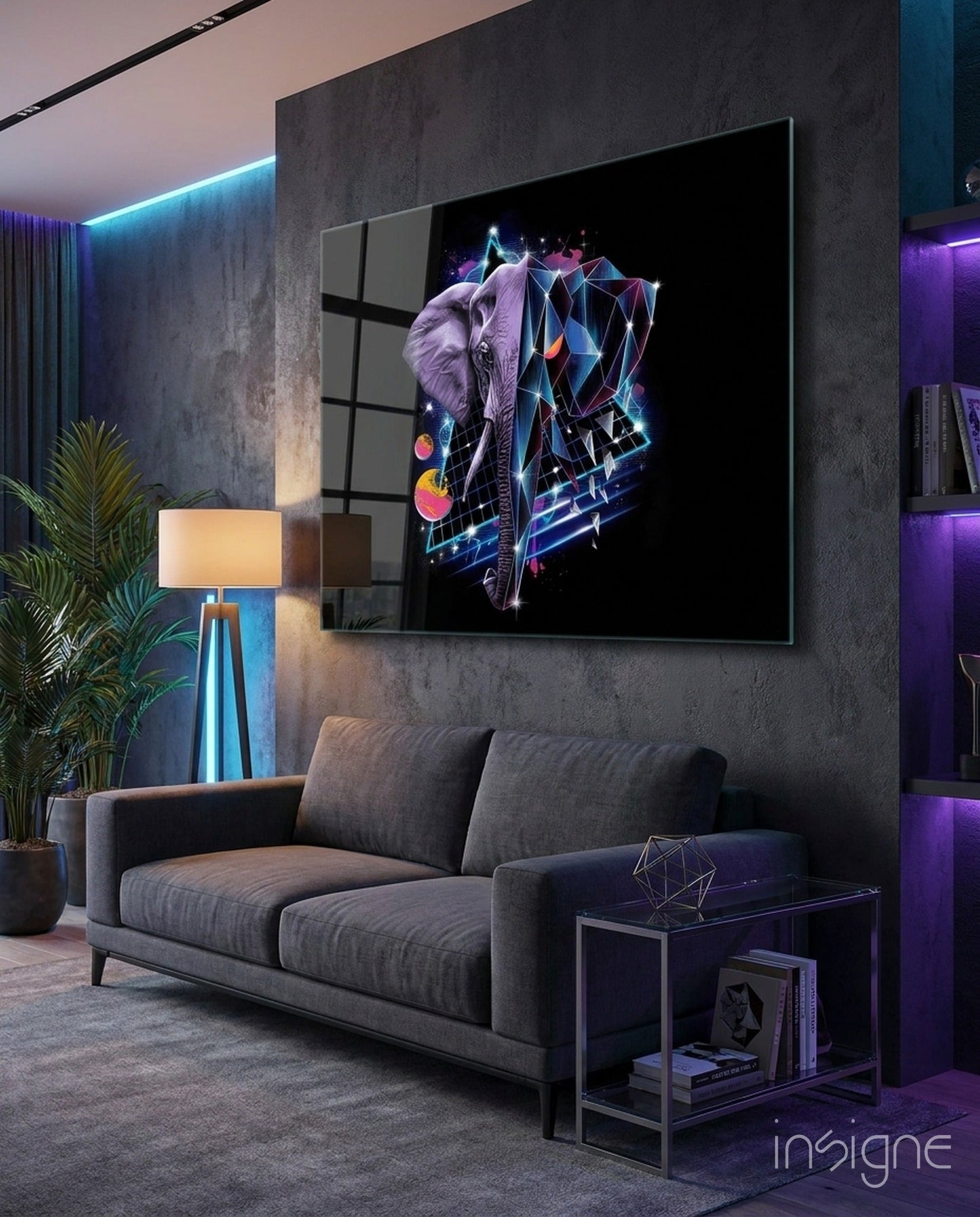 Neon diamond elephant glass wall art displayed above gray sofa in modern living room with purple ambient lighting.