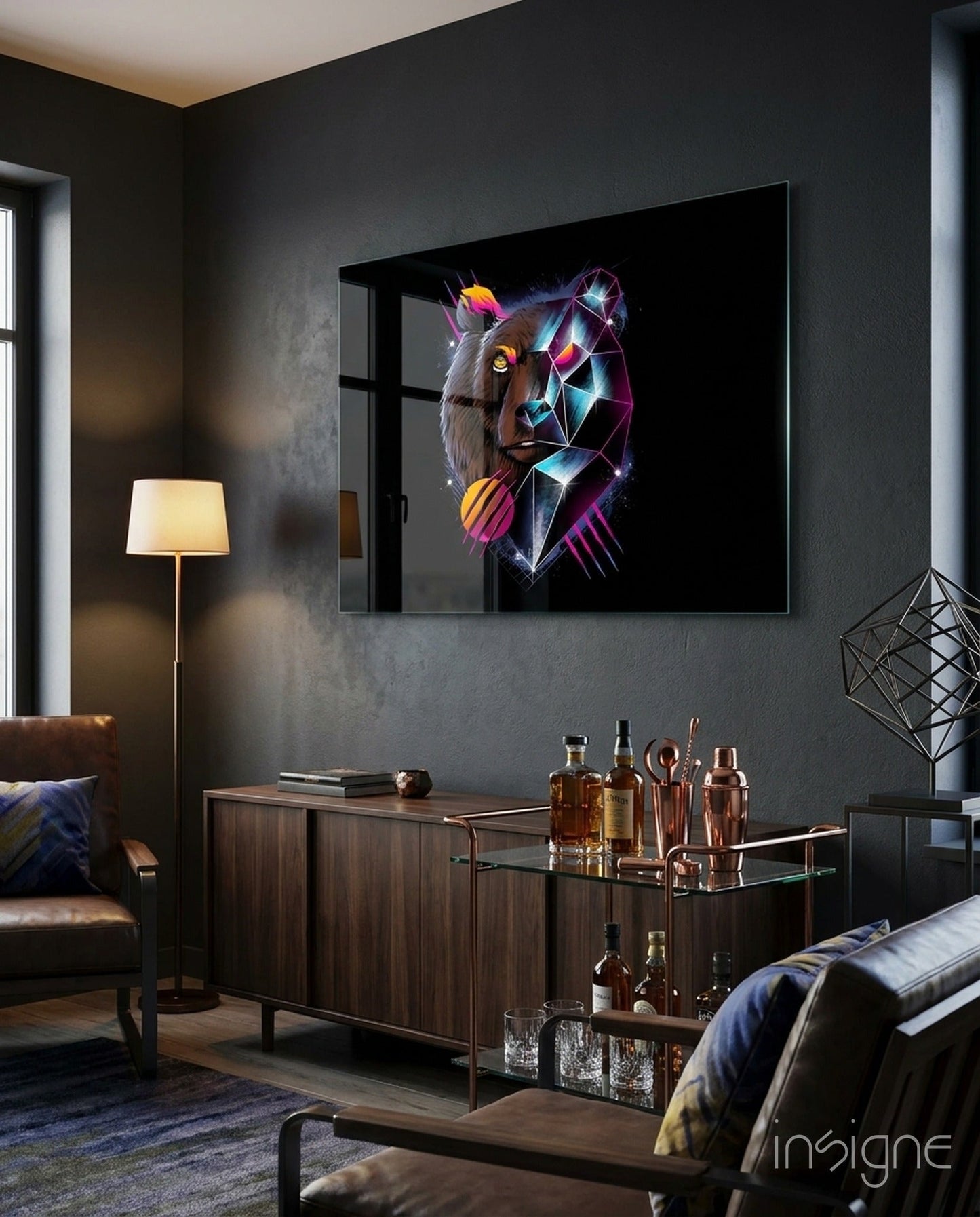 Diamond Bear Glass Wall Art displayed above a bar cart in a modern dark lounge room with neon geometric bear design.