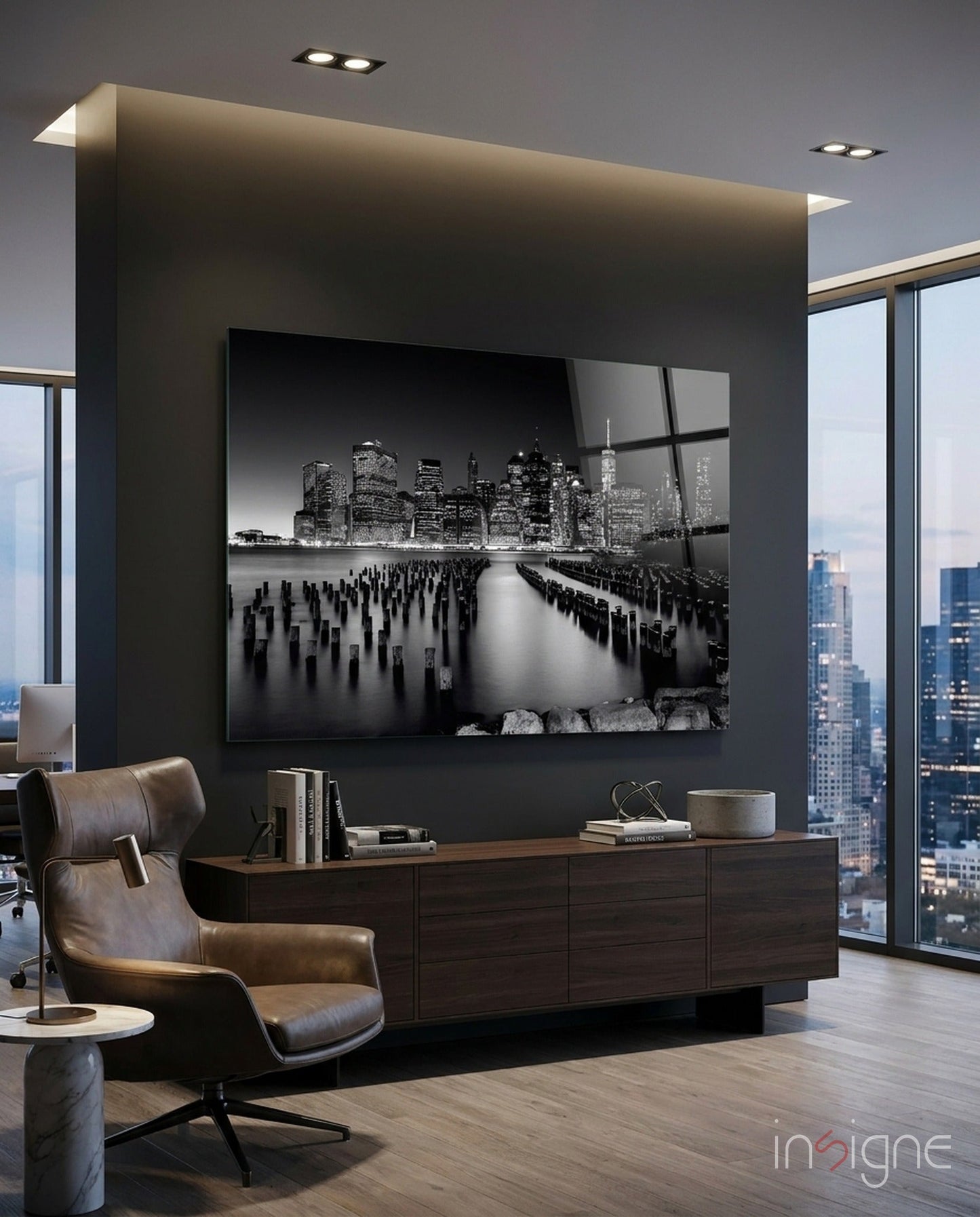 Monochrome Skyline Pier Pilings Glass Wall Art