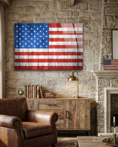 American Flag Painted on Wood Planks Glass Wall Art